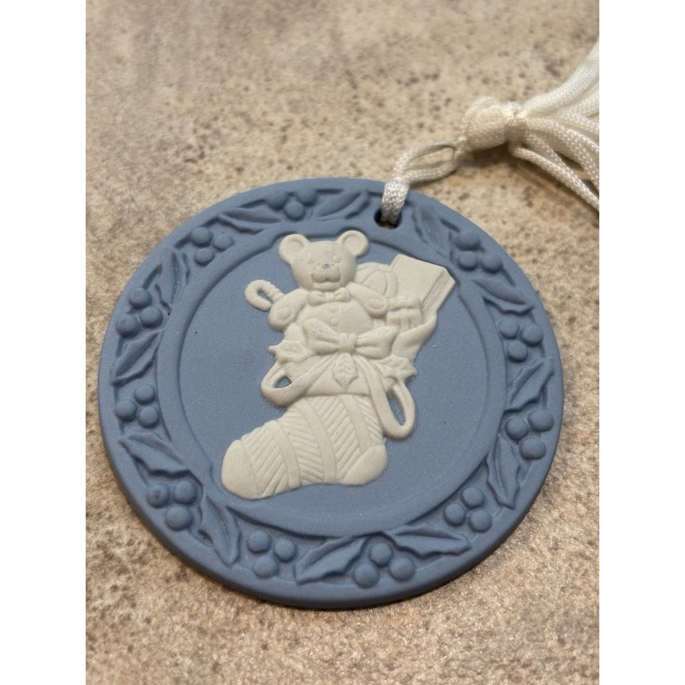 Wedgwood Jasperware 1992 Teddy Bear Stocking Ornament Blue White England Retired